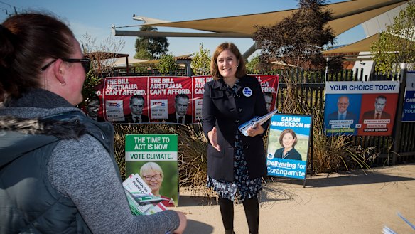 Liberal MP for Corangamite Sarah Henderson campaigning at the Grovedale Community Hub to retain her seat on election day.