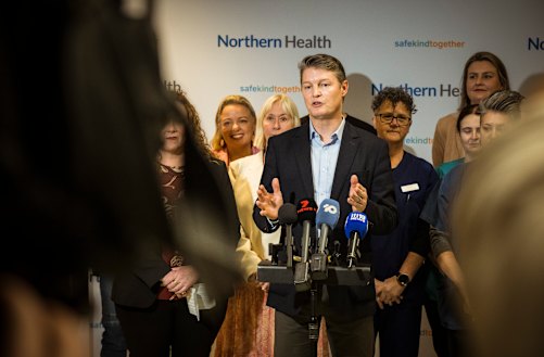 Premier Ben Carroll speaks to the media at the nearly completed Northern Hospital Abulatory Care Centre in Epping. 