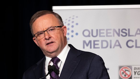 Federal Labor leader Anthony Albanese  addresses the Queensland Media Club in Brisbane on Wednesday.