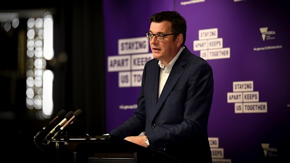 Premier Daniel Andrews addresses the media on Sunday.
