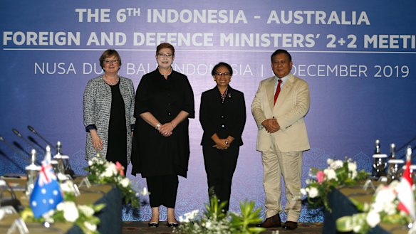 Australian and Indonesian ministers Linda Reynolds, Marise Payne, Retno Marsudi and Prabowo Subianto met in Denpasar on Friday. 