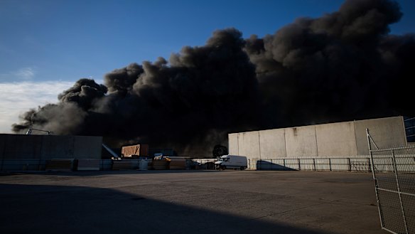 The Campbellfield factory ablaze on Friday. 
