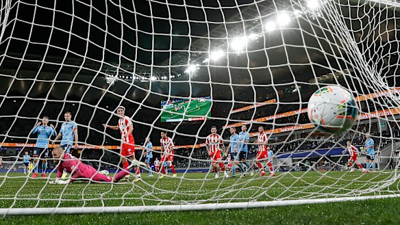 Back of the net: A first-half goal by City's Harrison Delbridge was disallowed after video review.