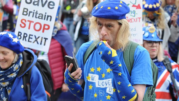 Demonstrators protest against Brexit as the governing Conservative Party start their annual four-day party conference on Sunday.