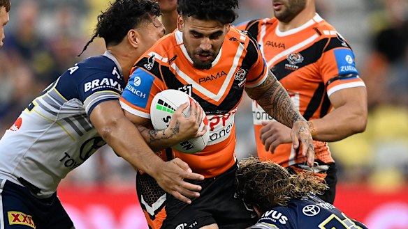 Wests Tigers prop Terrell May in action.
