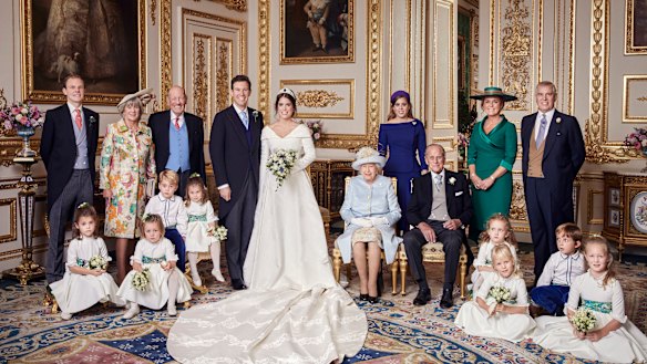 Princess Eugenie and Jack Brooksbank's official family wedding photograph in the White Drawing Room at Windsor Castle.