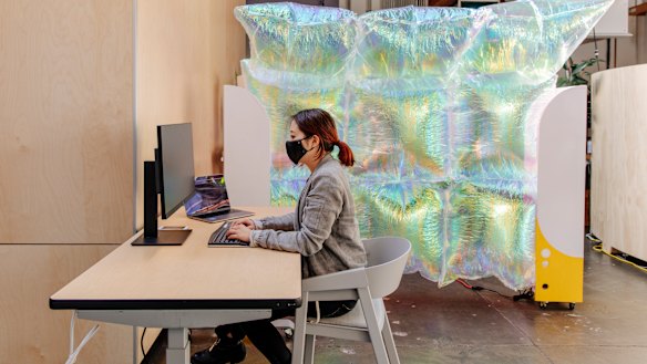 An inflatable balloon wall at Google’s office R&D lab that wheels into place in situations requiring more privacy at Google’s campus in Mountain View, California