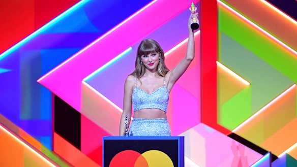 Taylor Swift accepts the Global Icon award during the Brit Awards in May.