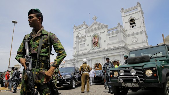 Sri Lankan Army soldiers secure the area around St Anthony's Shrine after a blast in Colombo.
