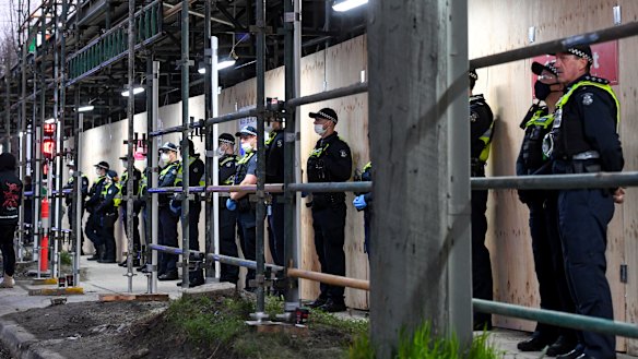 Police at the building site on Wednesday morning. 