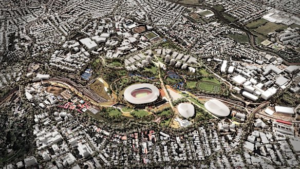Archipelago’s Brisbane Bold proposal. The Quirk report recommended a less ambitious development, including just a stadium in the north-west corner of Victoria Park.