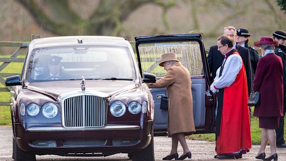 The Queen leaves a morning church service in Sandringham in England a day before the meeting with her grandson Prince Harry. 