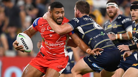 Michael Morgan makes a tackle in what was likely his final game in the NRL against the Dragons in round two.