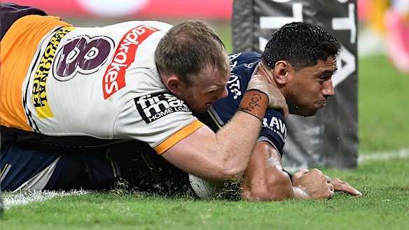Jason Taumalolo crashes over for the Cowboys.