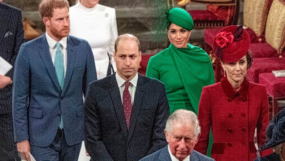 Prince Harry and Meghan, Duchess of Sussex, Prince William and Kate, Duchess of Cambridge, with Prince Charles.