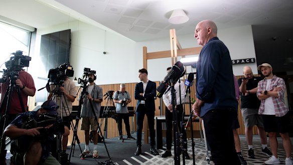 Collingwood footy boss Graham Wright announces Jack Ginnivan’s suspension to media. 