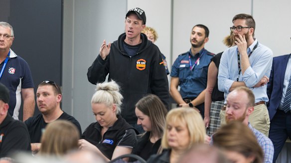 Community members express their frustration at yet another factory fire at a meeting in Broadmeadows.