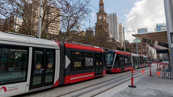 A new 67-metre tram parked at Town Hall on Wednesday.