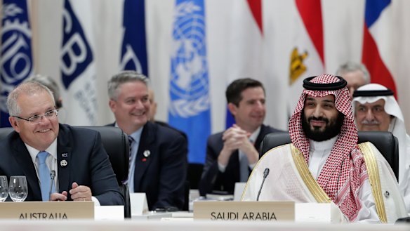 Prime Minister Scott Morrison and  Saudi Arabia’s Crown Prince Mohammed bin Salman during the plenary session at the G20 summit in Osaka, Japan.