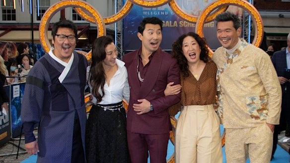At the London premiere of Shang-Chi and the Legend of the Ten Rings were (from left) Benedict Wong, Michelle Yeoh, Simu Liu, Sandra Oh and director Destin Daniel Cretton. 