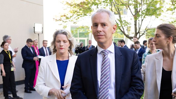 Clare O’Neil and Andrew Giles leave a fiery press conference over their proposed bill last month.