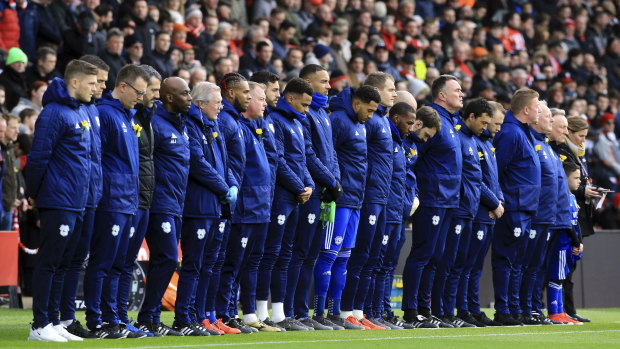 Tribute: Cardiff City players observed a minute's silence for Emiliano Sala before the match against Southampton.