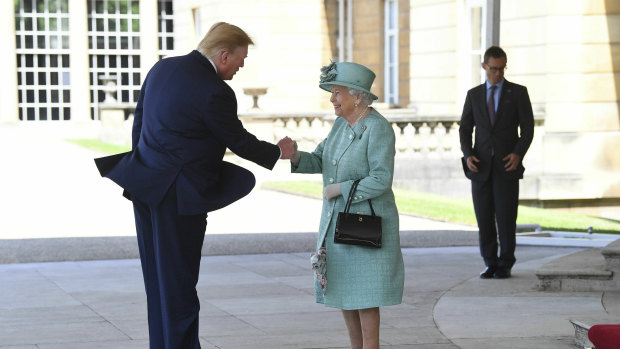 The Queen greets US President Donald Trump at Buckingham Palace.