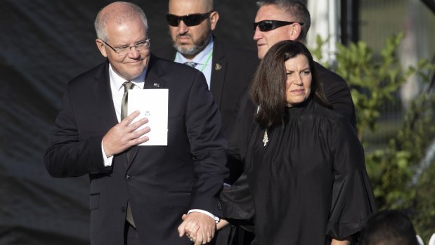 Prime Minister Scott Morrison and his wife Jenny at the remembrance service for the victims of the Christchurch terror attack.

