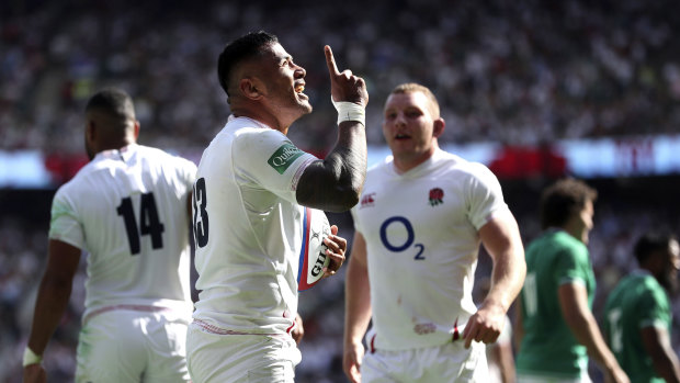 Heaven-sent: Tuilagi enjoys the moment after his try at England's home of rugby.