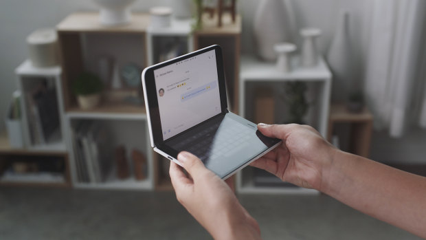 The Duo can be held like a book or like or small laptop, spread out like a tablet, or folded closed with the screens on the inside or outside.