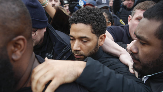 Jussie Smollett leaves Cook County jail in February.