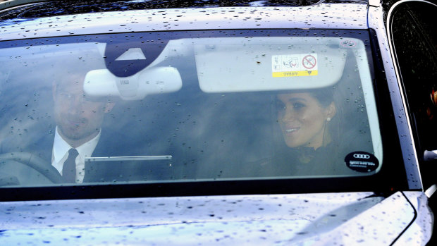 Prince Harry and Meghan, Duchess of Sussex, arrive for the Queen's Christmas lunch on December 19.