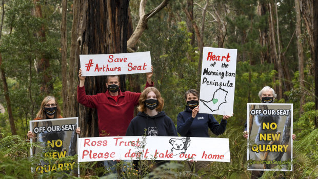 Residents protesting against the proposed quarry at Arthurs Seat: Michelle de la Coeur (short hair), Mark Fancett (red jumper), 15-year-old Alex Fancett, and Janet Stanley.