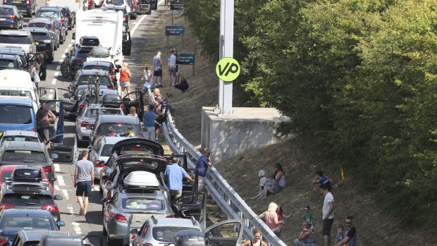 Cars at a standstill as they queue for the Eurotunnel in Folkestone, England, as some kilometres of traffic wait to make their way to the cross-Channel services, with warnings of delays up to five hours.