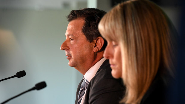 Cricket Australia chairman David Peever speaks to the media alongside chair of the review sub committee Jacquie Hey during a Cricket Australia press conference at the MCG on Monday.