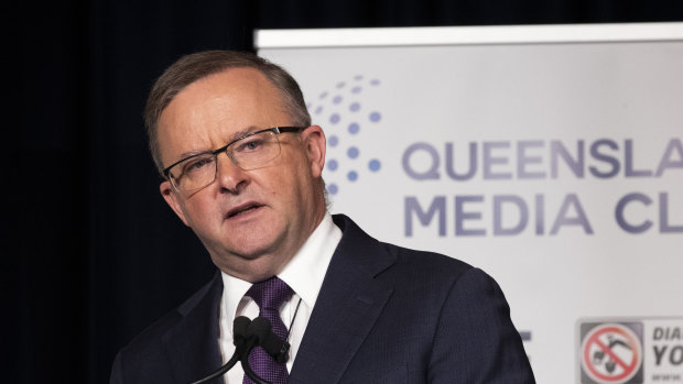 Federal Labor leader Anthony Albanese  addresses the Queensland Media Club in Brisbane on Wednesday.
