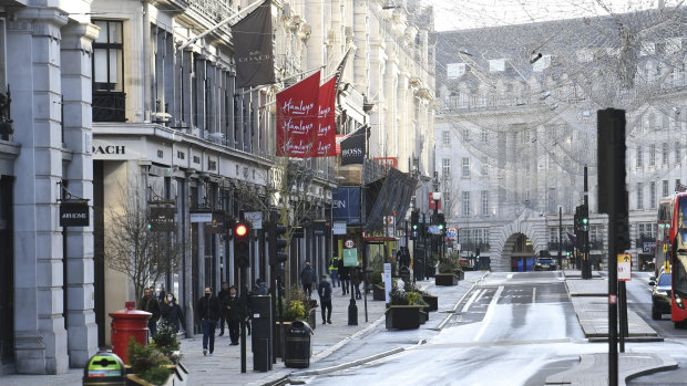 An almost deserted Regent Street in London in the days before Christmas.