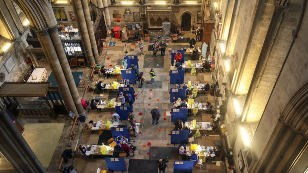 A mass vaccination centre set up 
inside Salisbury Cathedral in England in January.