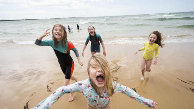 Sierra Farrelly, 11, Ella Farrelly, 13, Evie Holzer, 7 and Adele Farrelly, 7 (front) at Torquay Foreshore. 