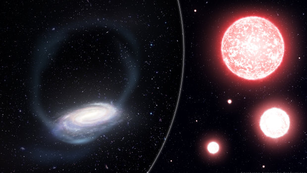 An artist’s impression of the thin stream of stars torn from the Phoenix globular cluster, wrapping around the Milky Way (left). 