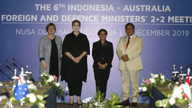 Australian and Indonesian ministers Linda Reynolds, Marise Payne, Retno Marsudi and Prabowo Subianto met in Denpasar on Friday. 
