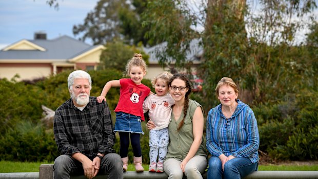 Larissa Bell with her daughters Mackenzie, 4, and Eva, 2, and her parents Liz and Rob Williams, near their Doreen home.