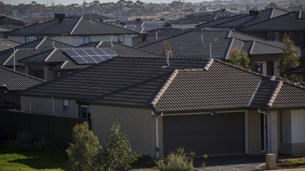 Dark roofs dominate a housing estate in the growth area suburb of Tarneit, in Melbourne’s west.