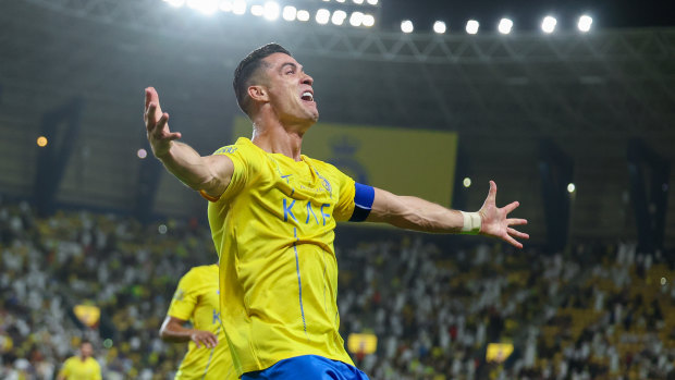 Cristiano Ronaldo celebrates after scoring a goal for Al-Nassr, one of four Saudi Pro League clubs country’s sovereign wealth fund took control of last year.