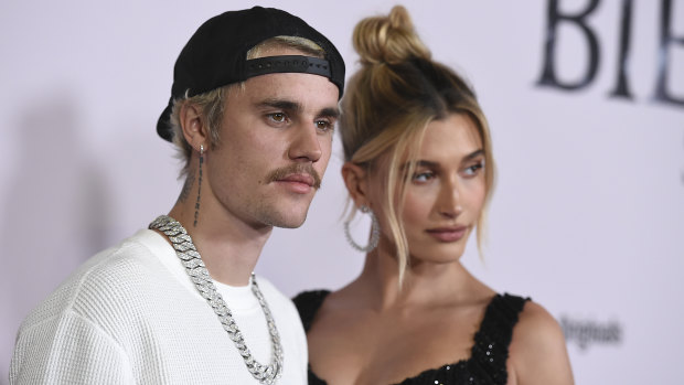 Justin Bieber, moustache and Hailey Bieber at the premiere of Seasons in Los Angeles.