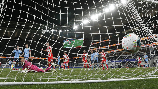 Back of the net: A first-half goal by City's Harrison Delbridge was disallowed after video review.