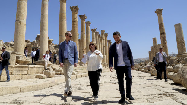 Britain's Prince William and Jordan's Crown Prince Hussein, tour the Jerash archaeological site in northern Jordan.