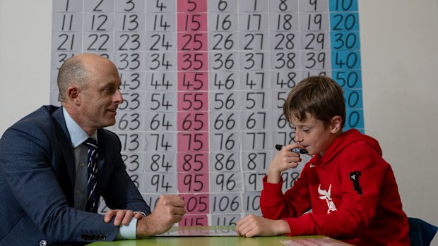 Principal of Templestowe Heights Primary School Rhys Coulson and his son William Coulson who’s in grade 4. 