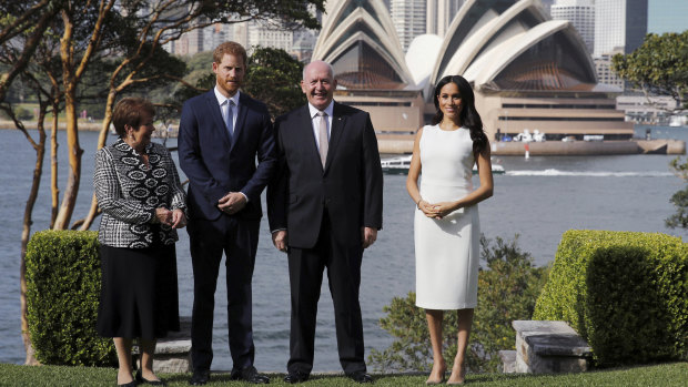 The Duke and Duchess of Sussex with Governor-General Sir Peter Cosgrove and his wife Lynne.