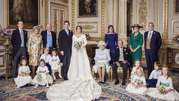Princess Eugenie and Jack Brooksbank's official family wedding photograph in the White Drawing Room at Windsor Castle.